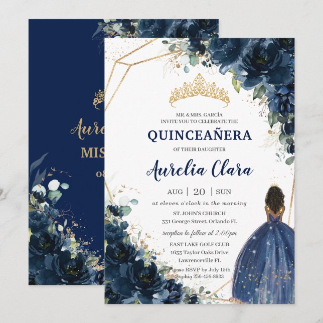 Quinceañera Chic Navy Blue Blommigt Brown Princess Inbjudningar (Fram/baksida)