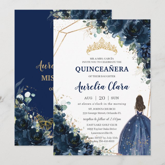 Quinceañera Chic Navy Blue Blommigt Princess Krona Inbjudningar (Fram/baksida)