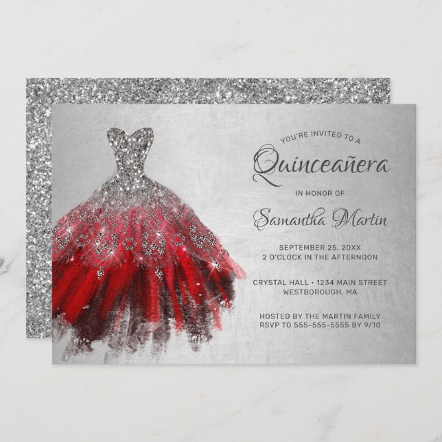Quinceanera Chic Red Silver Dress Glitter Party Inbjudningar (Fram/baksida)