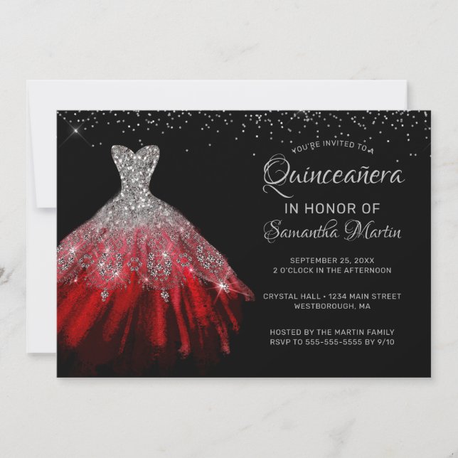 Quinceañera Chic Red Silver Dress Party-inbjudan Inbjudningar (Framsida)