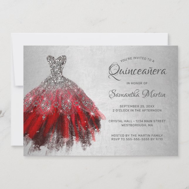 Quinceanera Chic Red Silver Dress Shiny Party Invi Inbjudningar (Framsida)