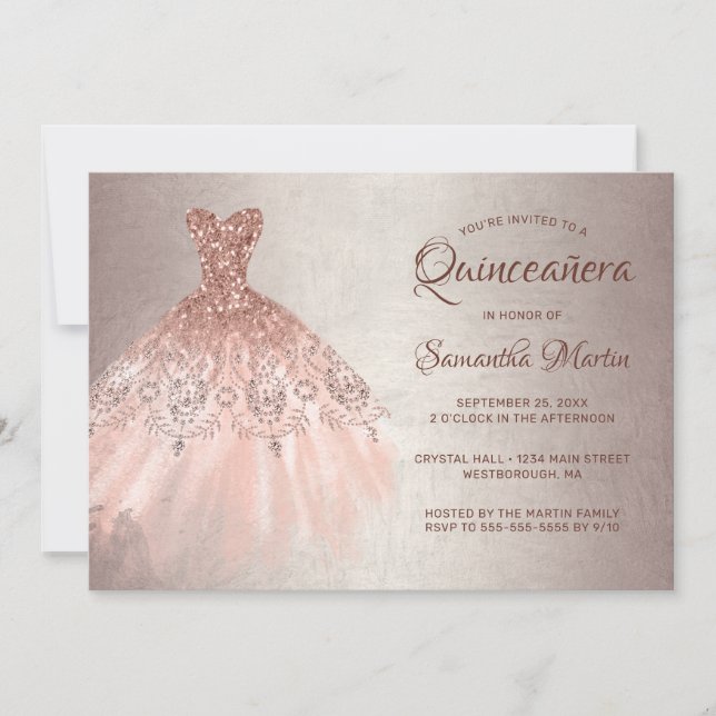 Quinceanera Chic Ro Guld Glitter Dress Party Inbjudningar (Framsida)