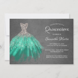Quinceanera Chic Silver Aqua Dress på Grått Party Inbjudningar