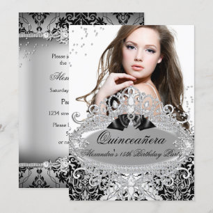 Quinceanera Chic Silver Damask Diamant Juvel Foto Inbjudningar