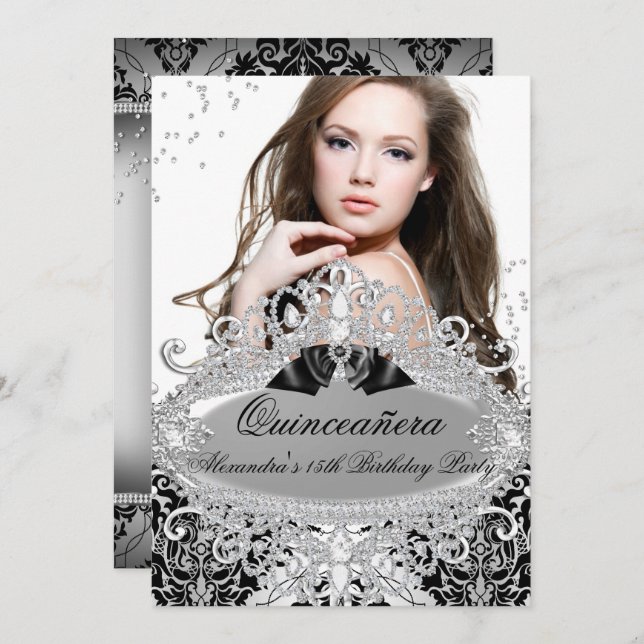 Quinceanera Chic Silver Damask Diamond Jewel Photo Inbjudningar (Fram/baksida)