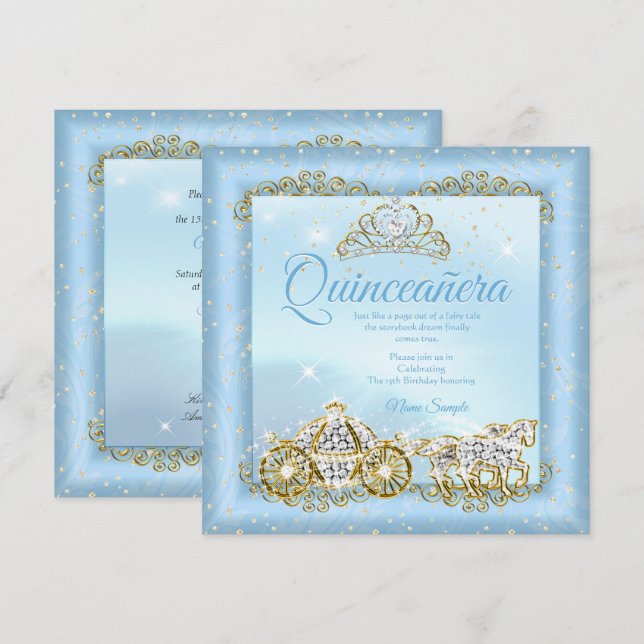 Quinceanera Cinderella Blue sage Carriage 2 Inbjudningar (Fram/baksida)