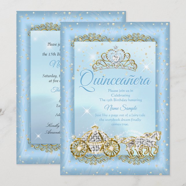 Quinceanera Cinderella Blue sage Carriage Inbjudningar (Fram/baksida)