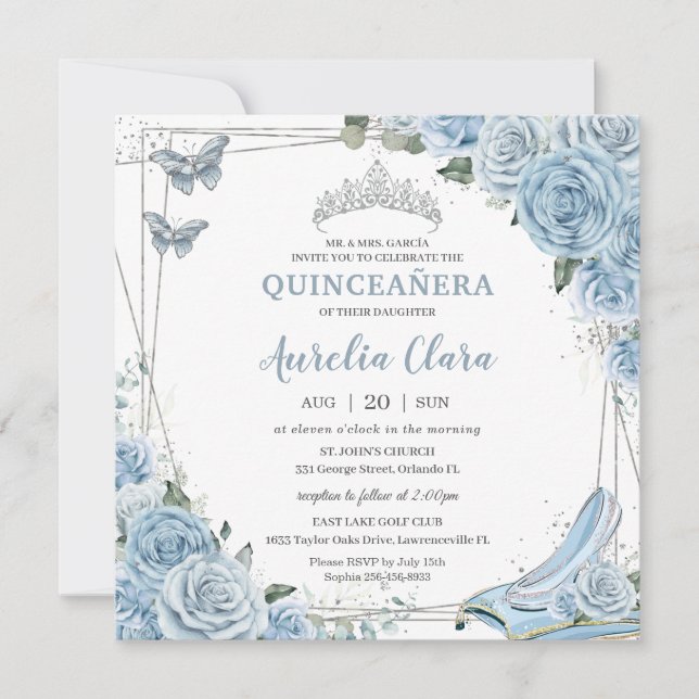 Quinceañera Cinderella Princess Baby blue Blommigt Inbjudningar (Framsida)