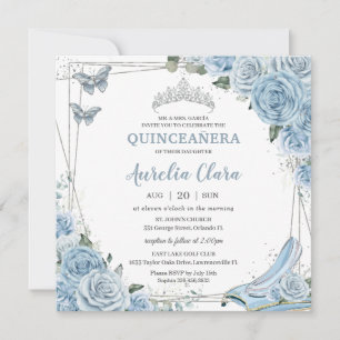 Quinceañera Cinderella Princess Baby blue Blommigt Inbjudningar