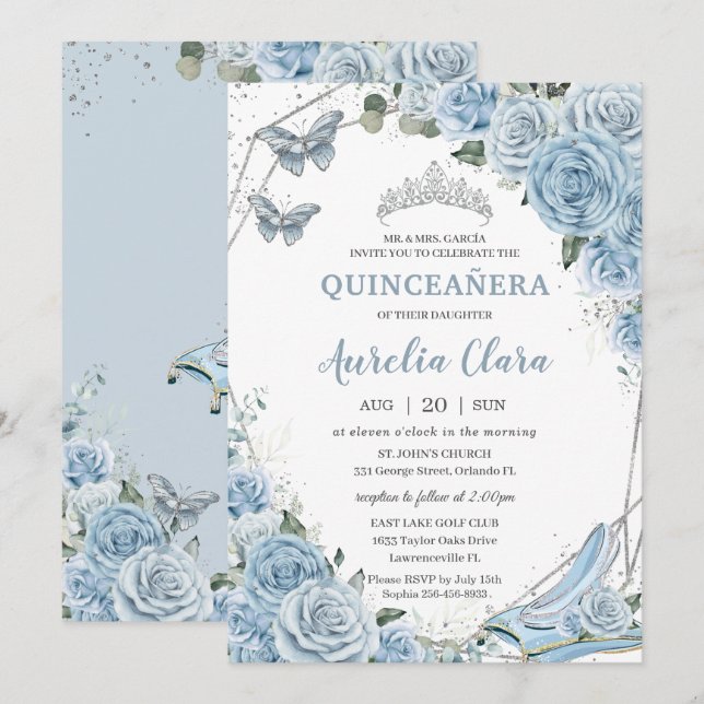 Quinceañera Cinderella Princess Baby blue Blommigt Inbjudningar (Fram/baksida)