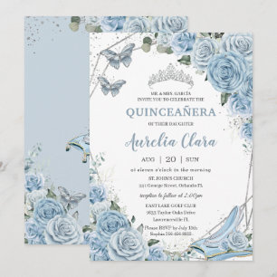 Quinceañera Cinderella Princess Baby blue Blommigt Inbjudningar