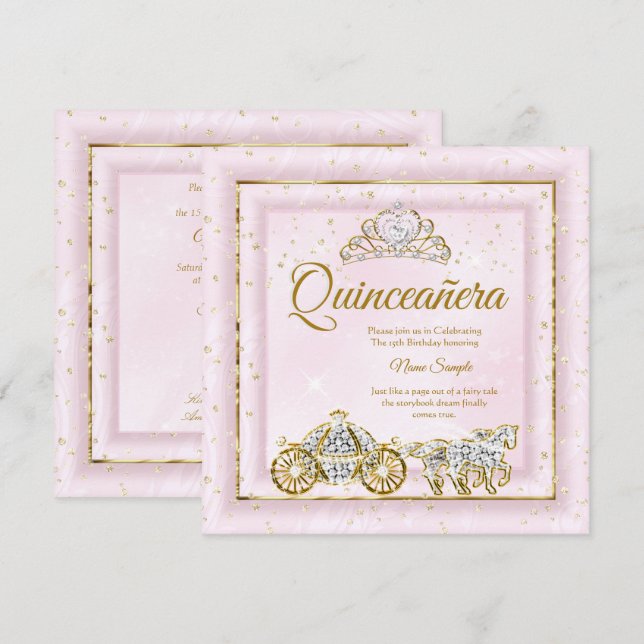 Quinceanera Cinderella  Rosa Carriage 2 Inbjudningar (Fram/baksida)