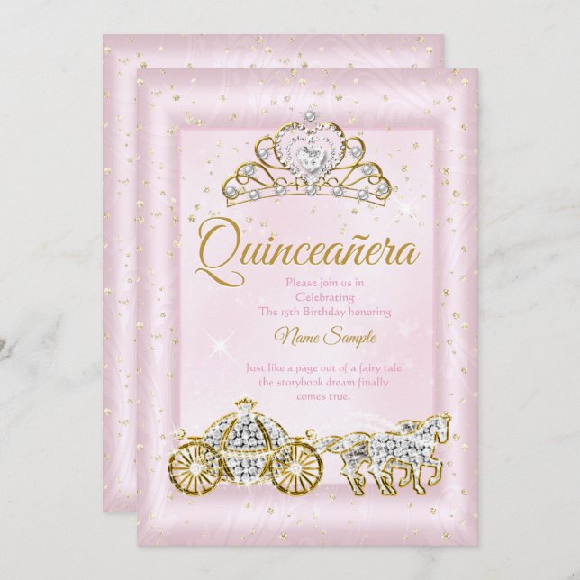 Quinceanera Cinderella  Rosa Carriage Inbjudningar (Fram/baksida)