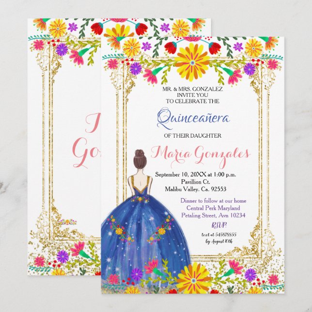 Quinceanera Colorful Flowers Guld bjudande Inbjudningar (Fram/baksida)
