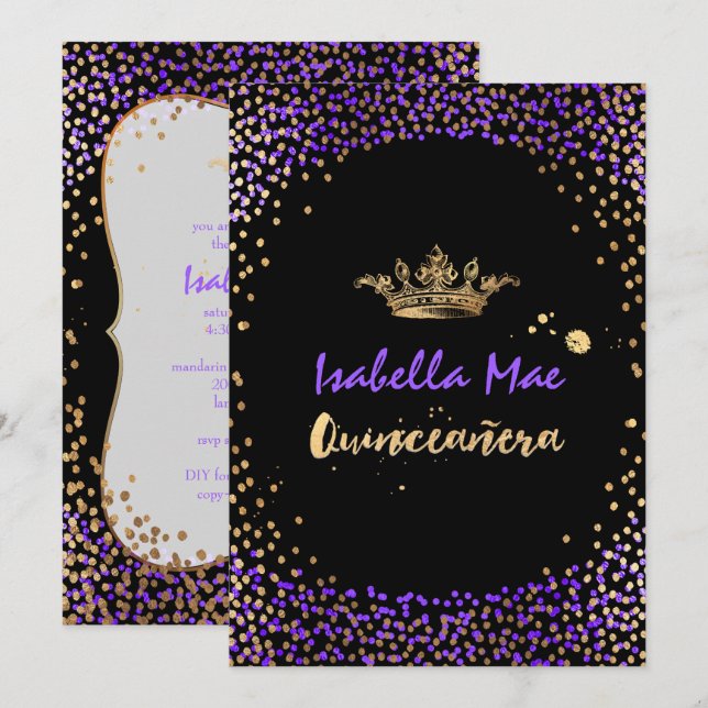 Quinceanera/Confetti/Neon Lila/Princess/Krona Inbjudningar (Fram/baksida)