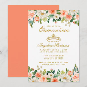 Quinceanera Coral Blommigt Guld Krona Inbjudningar