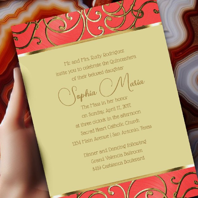 Quinceañera Coral Rosa och Guld Filigree Swirls Inbjudningar (Skapare uppladdad)