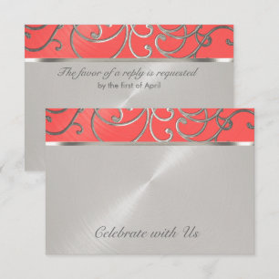 Quinceanera Coral Rosa och Silver Filigree Swirls Inbjudningar