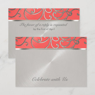 Quinceanera Coral Rosa och Silver Filigree Swirls Inbjudningar