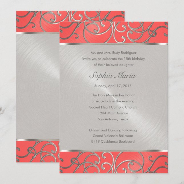 Quinceanera Coral Rosa och Silver Filigree Swirls Inbjudningar (Fram/baksida)