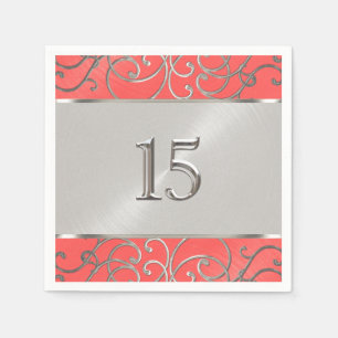 Quinceanera Coral Rosa och Silver Filigree Swirls Pappersservett