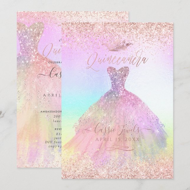 Quinceanera Cotton Candy Ro Guld Princess Krona Inbjudningar (Fram/baksida)