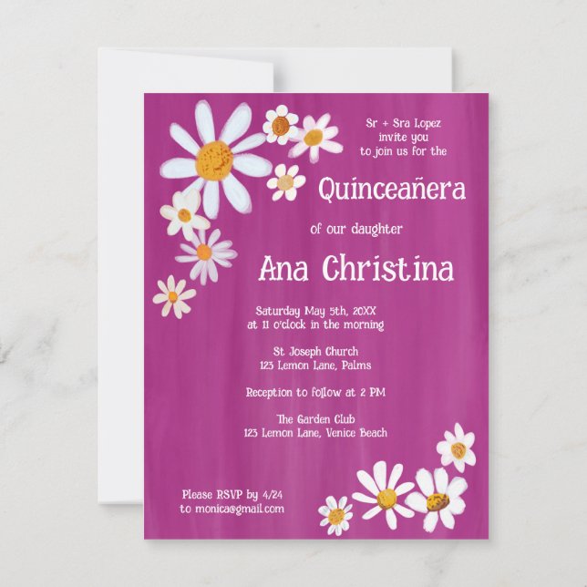 Quinceañera Cute Daisy Bouquet Handmålad Anpassnin Inbjudningar (Baksida)