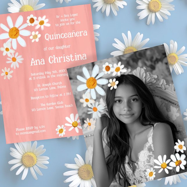 Quinceañera Daisy Bouquet Handmålat Anpassningsbar Inbjudningar (Quinceañera Daisy Bouquet Handpainted Custom Photo Invitation
)