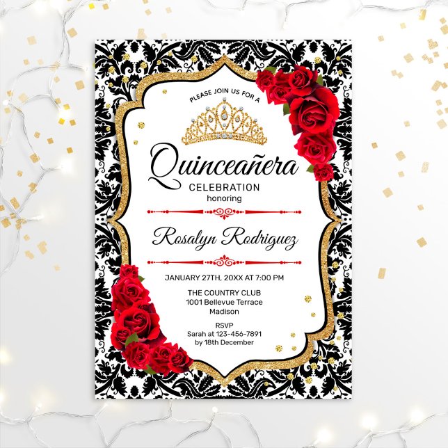 Quinceanera - Damask Red Guld Inbjudningar (Skapare uppladdad)