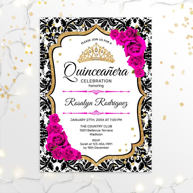 Quinceanera - Damask Rosa Guld Inbjudningar (Skapare uppladdad)