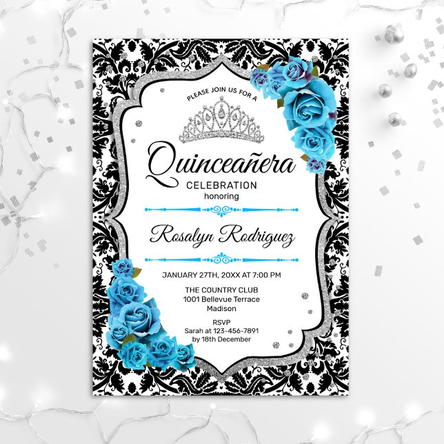 Quinceanera - Damask Silver Blue Inbjudningar (Skapare uppladdad)
