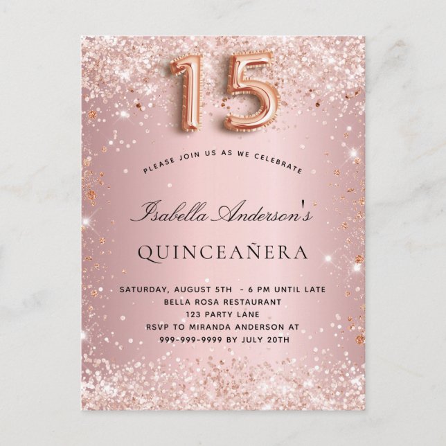 Quinceanera  damm från glitter vid guld inbjudan vykort (Framsida)