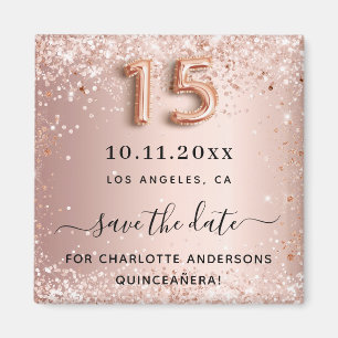 Quinceanera-dammet ro guld glitter sparar datumet magnet