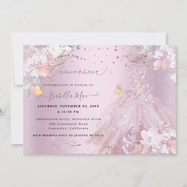 Quinceanera dammgrå glitterklänning söta ärtor inbjudningar (Framsida)
