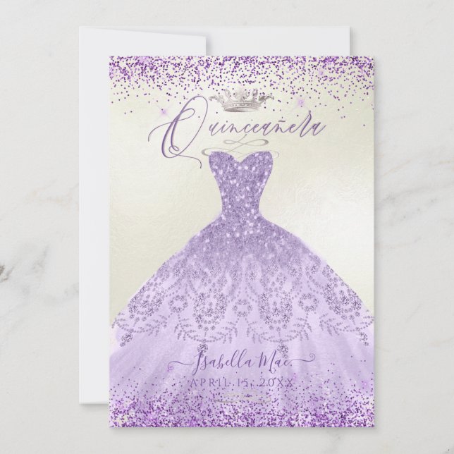 Quinceanera dammig lila silverglittrande klänning inbjudningar (Framsida)