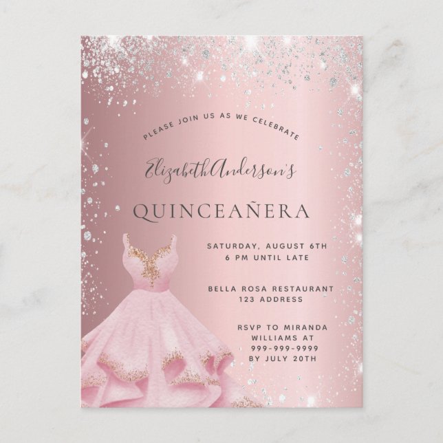 Quinceanera  dammklänning silver glitter inbjudan vykort (Framsida)