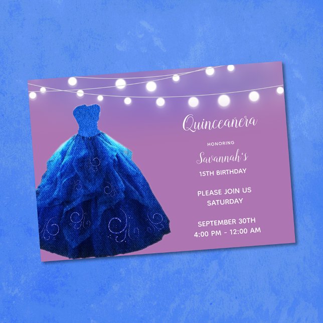 Quinceanera Denim Blue Lavender String Ljus Inbjudningar (Skapare uppladdad)