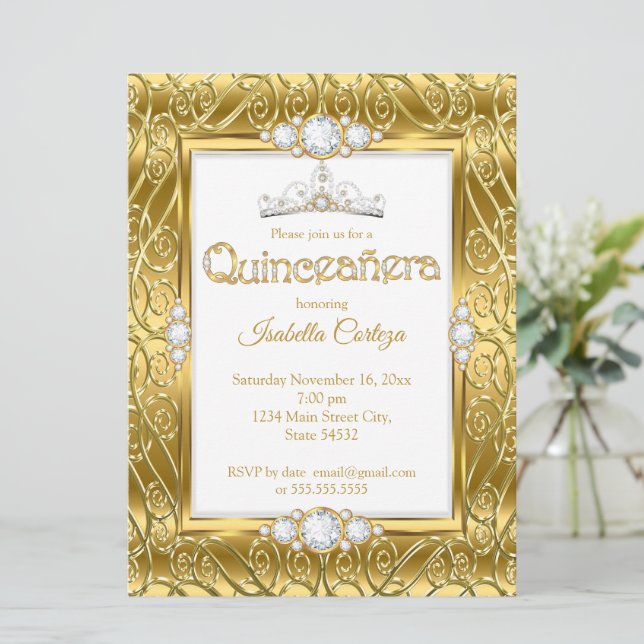 Quinceanera-diamant ädelstens guld födelsedagsfest inbjudningar (Stående Fram)