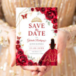 Quinceanera Dress Red Roses Gold Spara Datumet<br><div class="desc">Red,  gold and white Quinceanera celebration save the date. Features,  brunette girl in ball gown dress script font,  gold butterflies,  watercolor roses and tiara. Perfect for an elegant princess style glam celebration. Personalize with your own details. Printed Zazzle cards or instant download digital printable template.</div>