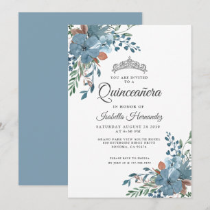 Quinceanera Dusty Blue Blommigt Greenery Inbjudningar