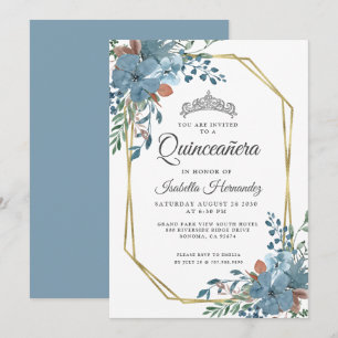 Quinceanera Dusty Blue Blommigt Guld Ram Inbjudningar