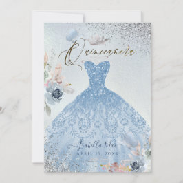 Quinceanera Dusty Blue Glitter Gown Butterflies Inbjudningar