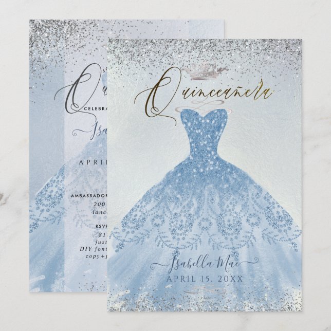 Quinceanera Dusty Blue+Silver Glitter Gown Inbjudningar (Fram/baksida)