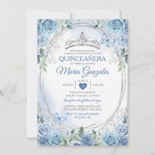 Quinceañera Dusty Blue & Silver Krona Butterfly Inbjudningar