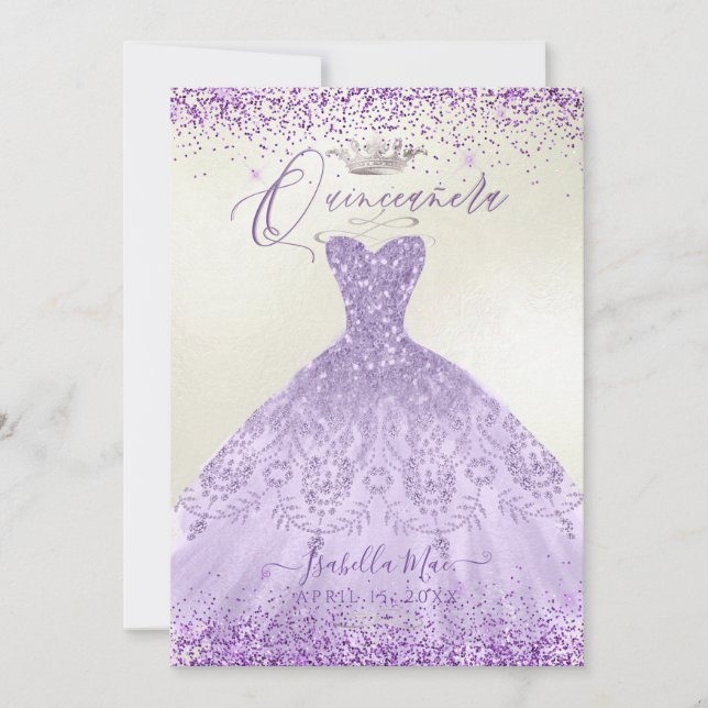 Quinceanera Dusty Lila Silver Glitter Gown Inbjudningar (Framsida)