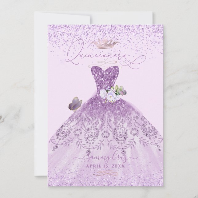 Quinceanera Dusty Lilac Lila Silver Glitter Gown Inbjudningar (Framsida)