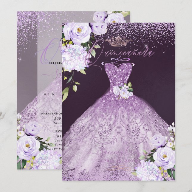 Quinceanera Dusty Lilac Lila Silver Glitter Gown Inbjudningar (Fram/baksida)