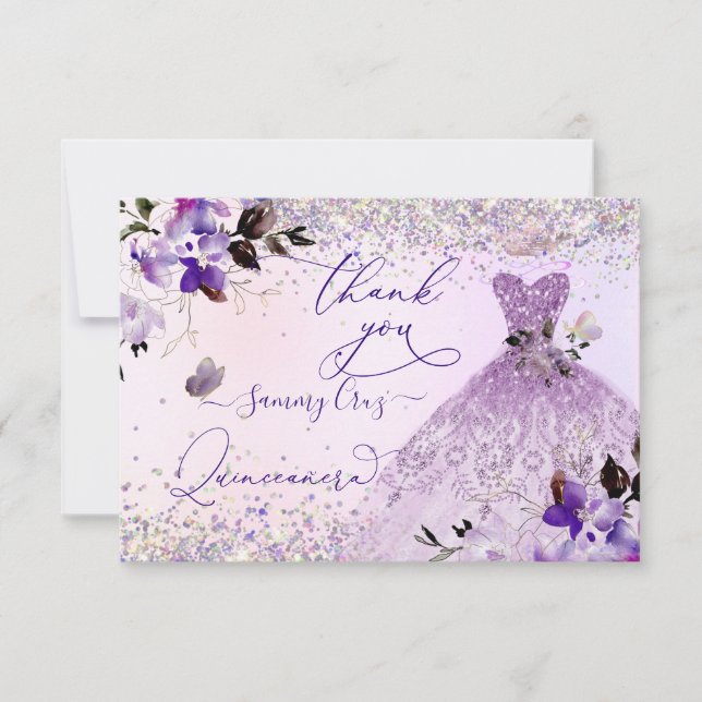 Quinceanera Dusty Lilac Lila Silver Glitter Gown Tack Kort (Framsida)
