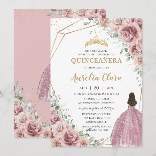 Quinceañera Dusty Ro Blommigt Princess Gown Guld Inbjudningar (Fram/baksida)