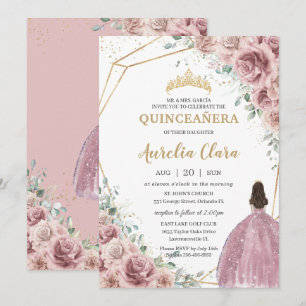 Quinceañera Dusty Ro Blommigt Princess Gown Guld Inbjudningar